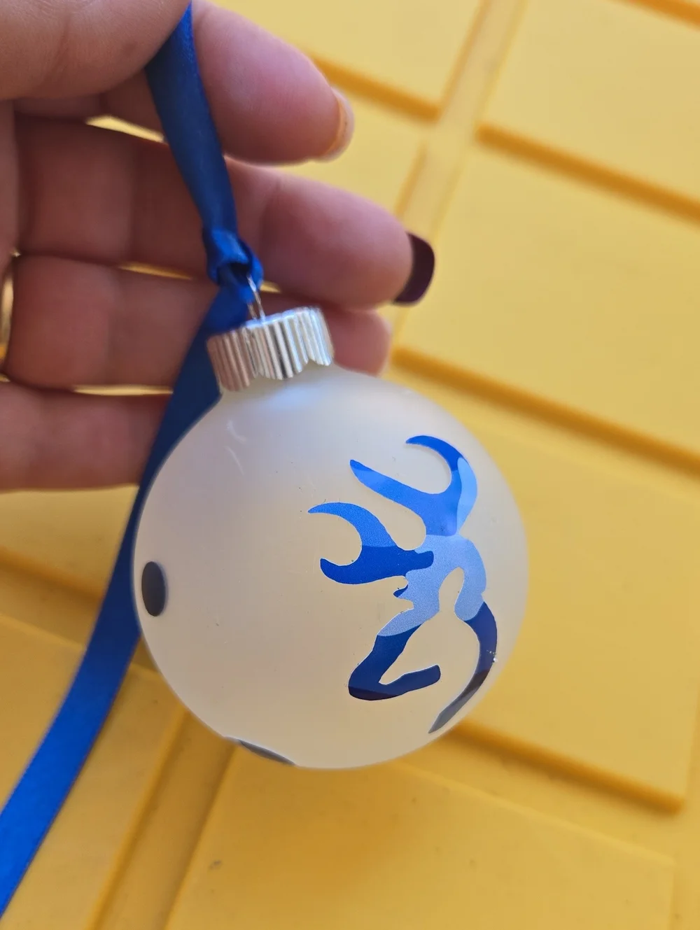 Frosted White Holiday Ornament with Blue Ribbon and Blue Accent